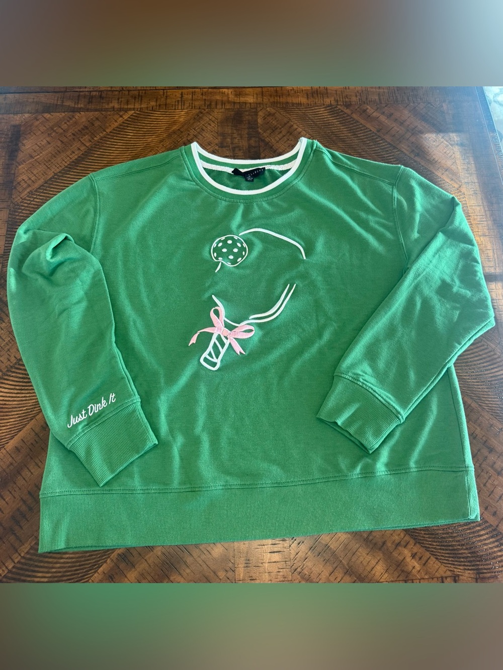 Jane and Delancey Green Pickleball Graphic Long-Sleeve Sweatshirt with Pink Bow